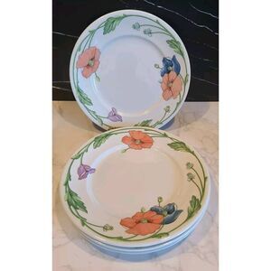 Villeroy & Boch AMAPOLA 8¼" Salad Plates Blue & Orange Poppies Set of 4 EUC